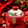 Multi-color ceramic cookware with white LIDS and green plant patterns, kitchen stewing pot, heat-resistant and durable household tableware Specification image